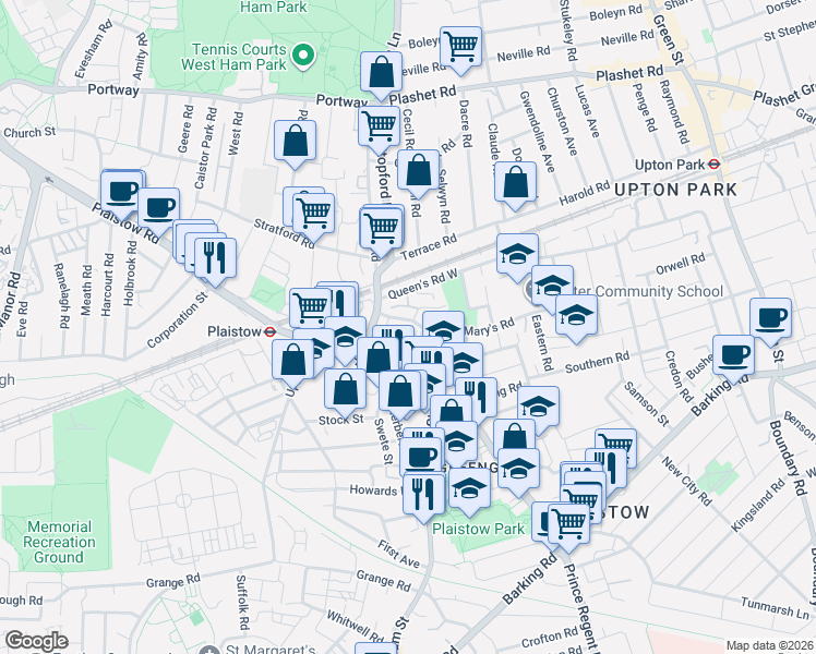 map of restaurants, bars, coffee shops, grocery stores, and more near in Greater London
