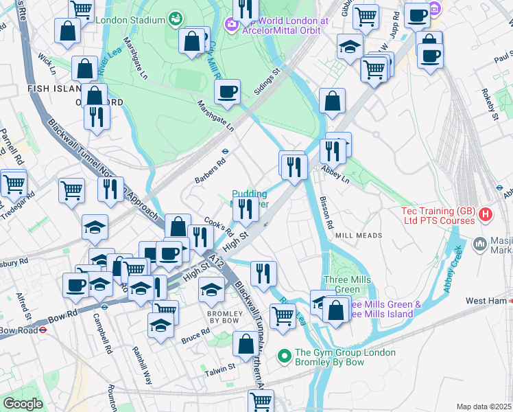 map of restaurants, bars, coffee shops, grocery stores, and more near 10 Marshgate Lane in Greater London