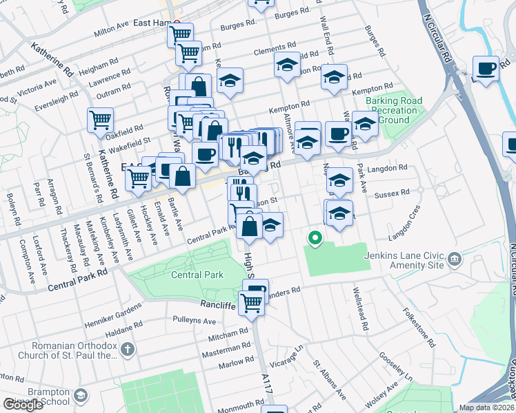 map of restaurants, bars, coffee shops, grocery stores, and more near Nelson Street in Greater London