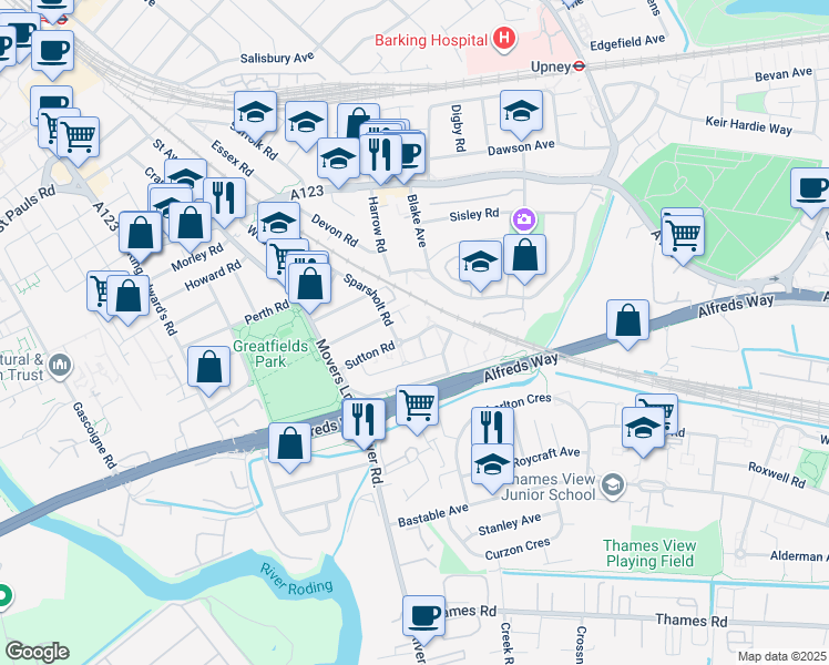 map of restaurants, bars, coffee shops, grocery stores, and more near 1 Tom Mann Close in Barking