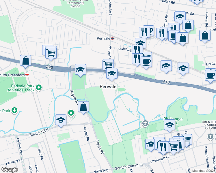 map of restaurants, bars, coffee shops, grocery stores, and more near in Perivale