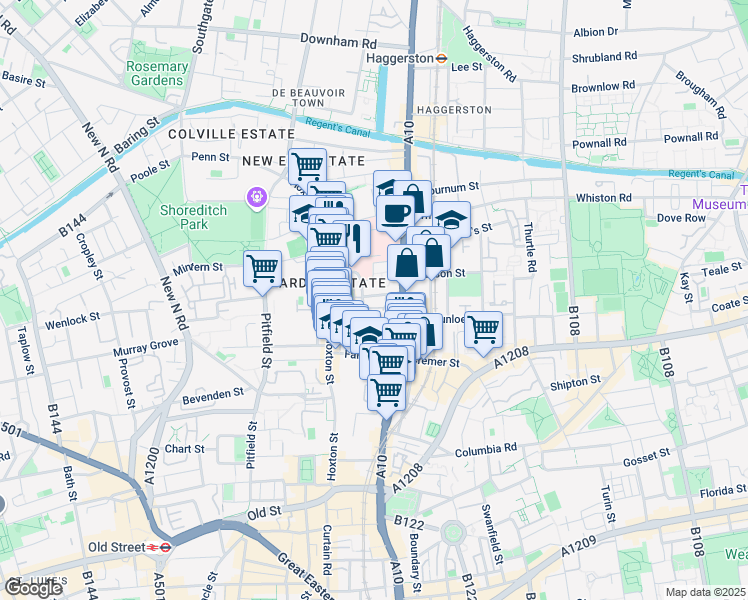 map of restaurants, bars, coffee shops, grocery stores, and more near Geffrye Street in Greater London