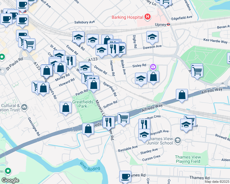 map of restaurants, bars, coffee shops, grocery stores, and more near 1 Tom Mann Close in Greater London