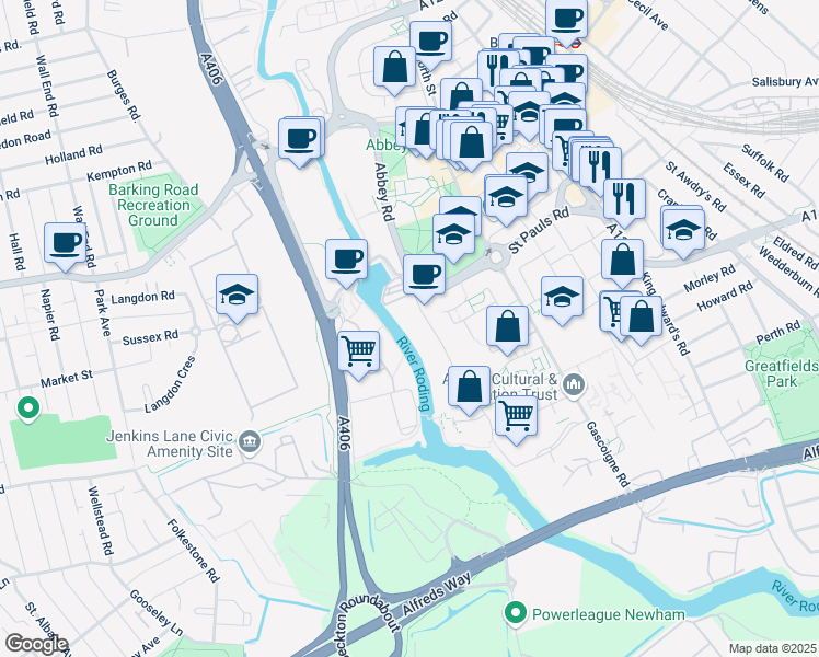 map of restaurants, bars, coffee shops, grocery stores, and more near in Greater London