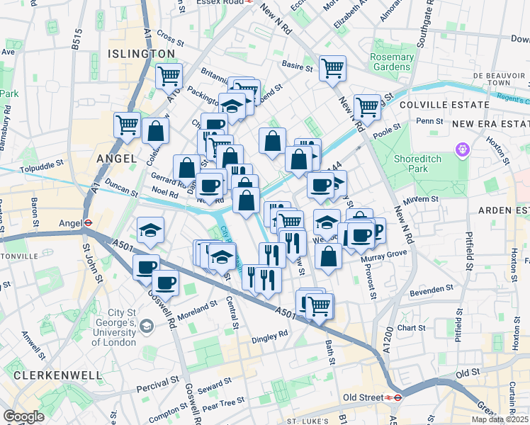 map of restaurants, bars, coffee shops, grocery stores, and more near Wenlock Road in Greater London