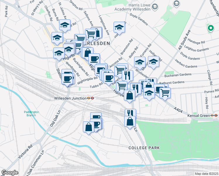 map of restaurants, bars, coffee shops, grocery stores, and more near 244 High Street in Greater London