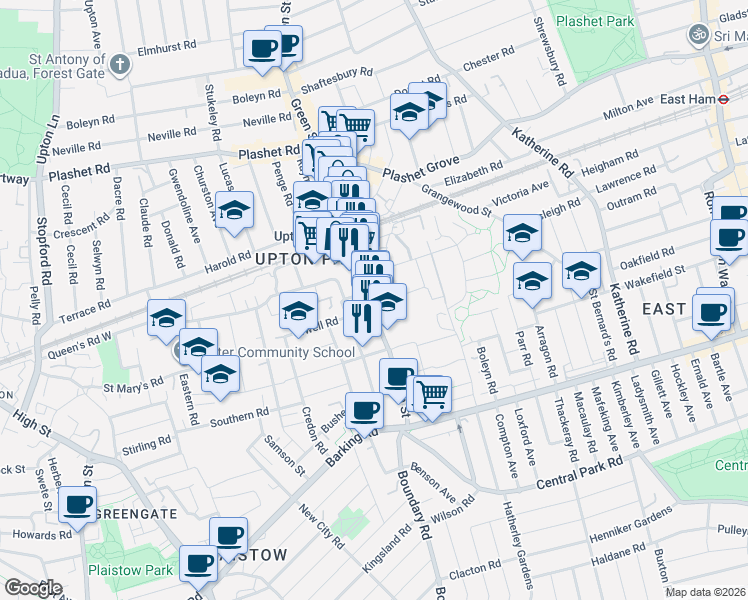map of restaurants, bars, coffee shops, grocery stores, and more near 457 Green Street in Greater London
