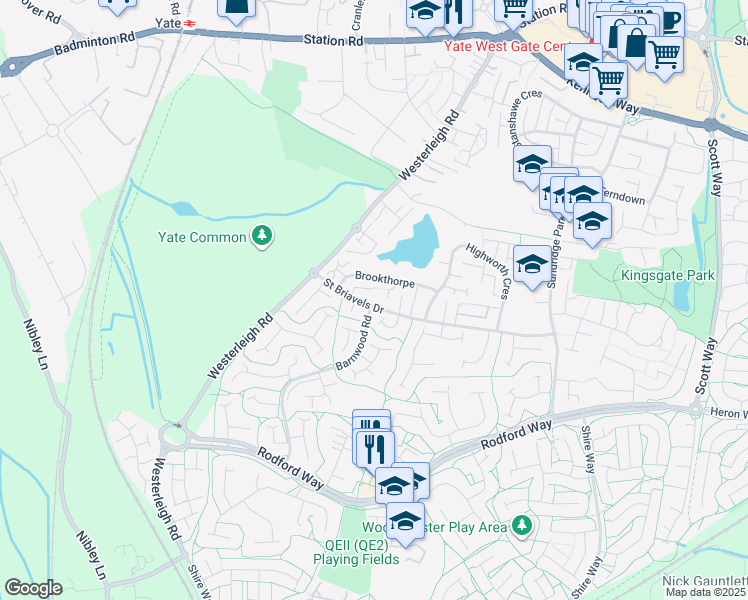 map of restaurants, bars, coffee shops, grocery stores, and more near Saint Briavels Drive in Yate