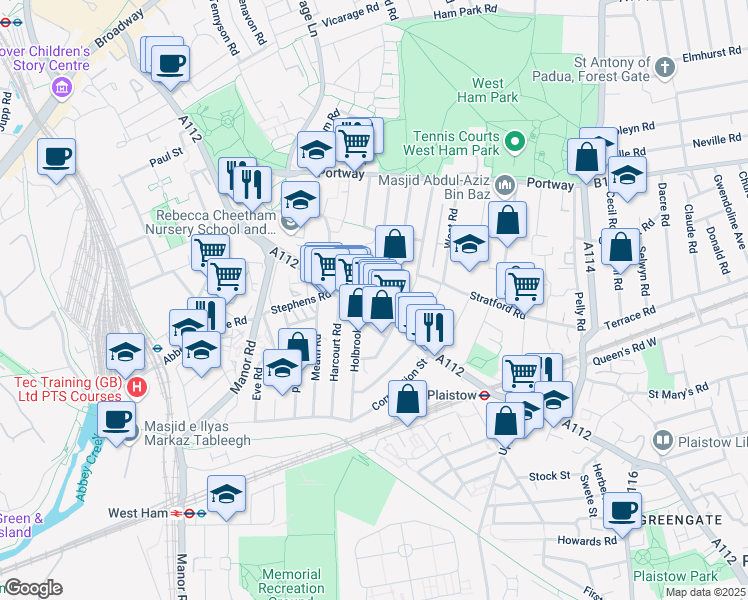 map of restaurants, bars, coffee shops, grocery stores, and more near Plaistow Road in Greater London
