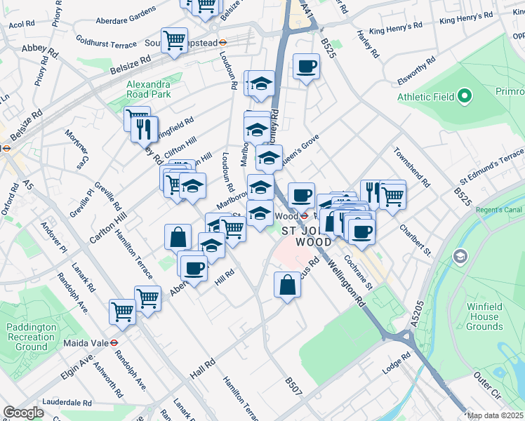 map of restaurants, bars, coffee shops, grocery stores, and more near 1 Waverley Place in London