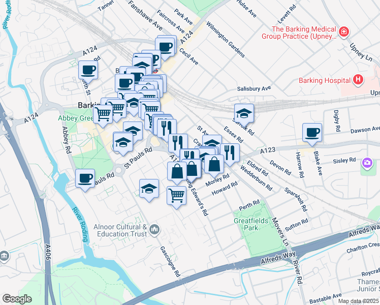 map of restaurants, bars, coffee shops, grocery stores, and more near in Greater London