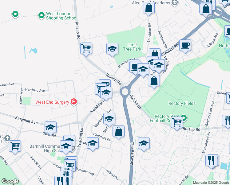 map of restaurants, bars, coffee shops, grocery stores, and more near Yeading Lane in Greater London