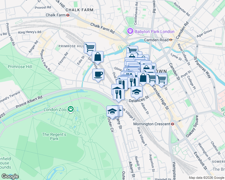 map of restaurants, bars, coffee shops, grocery stores, and more near Gloucester Avenue in Greater London