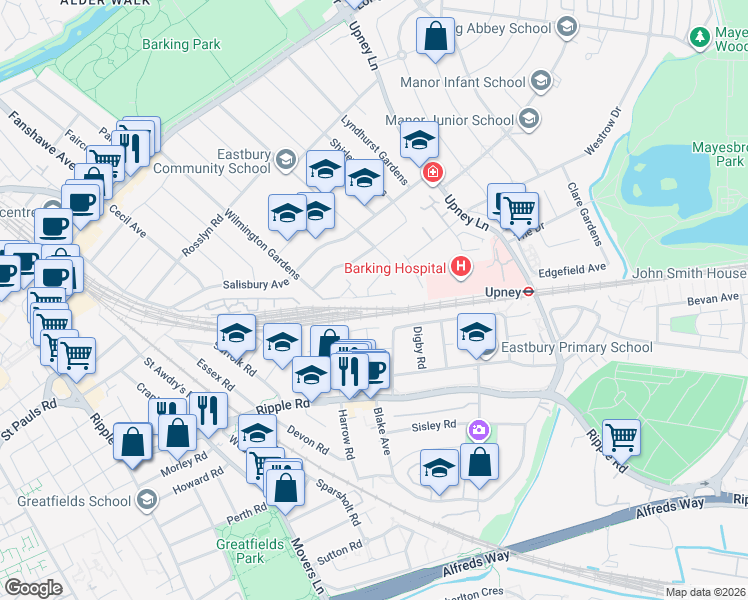 map of restaurants, bars, coffee shops, grocery stores, and more near 40 Thornhill Gardens in Barking