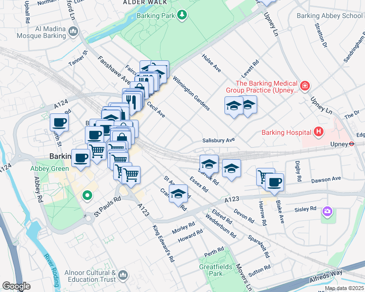 map of restaurants, bars, coffee shops, grocery stores, and more near 107 Salisbury Avenue in Greater London