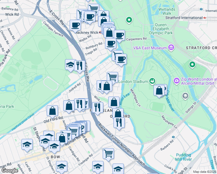 map of restaurants, bars, coffee shops, grocery stores, and more near 1 Stour Road in Greater London