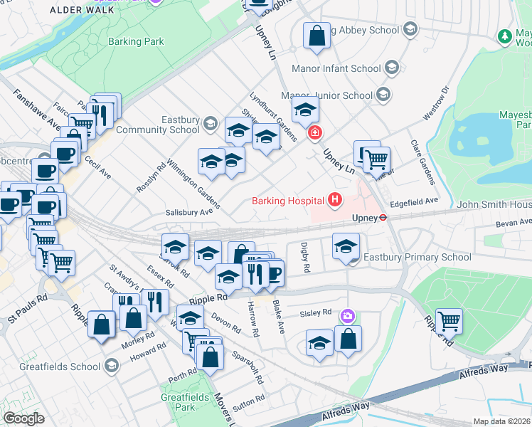 map of restaurants, bars, coffee shops, grocery stores, and more near 40 Thornhill Gardens in Greater London