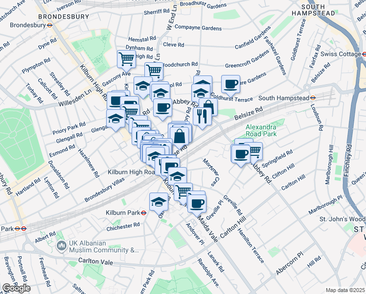 map of restaurants, bars, coffee shops, grocery stores, and more near 203 Belsize Road in Greater London