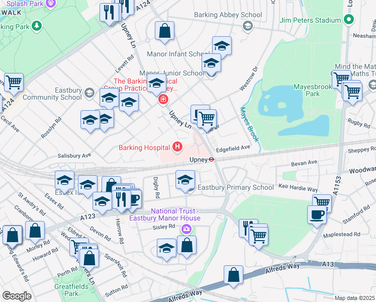 map of restaurants, bars, coffee shops, grocery stores, and more near Upney Lane in Greater London
