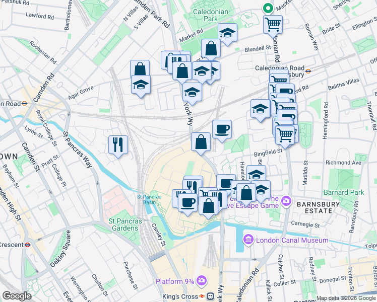 map of restaurants, bars, coffee shops, grocery stores, and more near 17 Canal Reach in Greater London