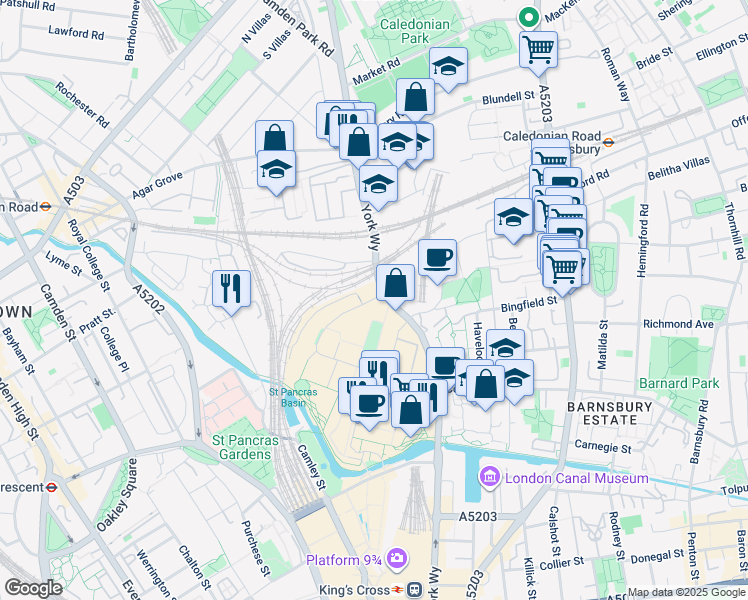map of restaurants, bars, coffee shops, grocery stores, and more near 17 Canal Reach in Greater London