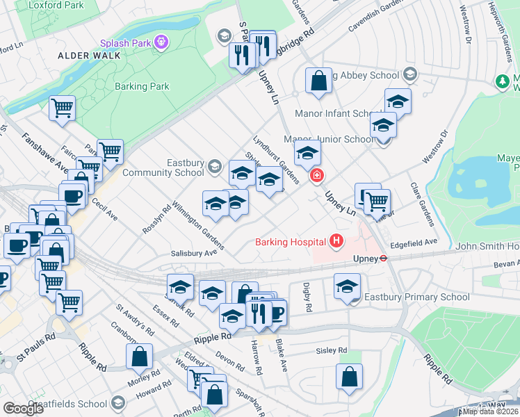map of restaurants, bars, coffee shops, grocery stores, and more near in Barking