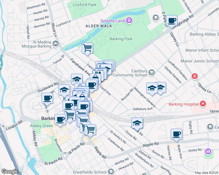 map of restaurants, bars, coffee shops, grocery stores, and more near in Barking