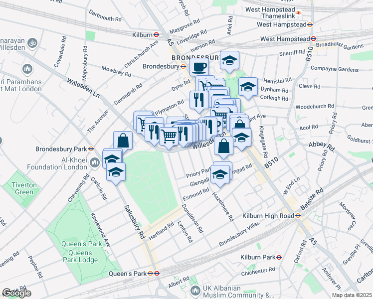 map of restaurants, bars, coffee shops, grocery stores, and more near Callcott Road in London