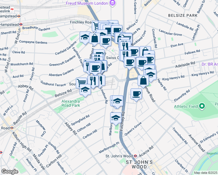 map of restaurants, bars, coffee shops, grocery stores, and more near 14-16 Alexandra Road in Greater London