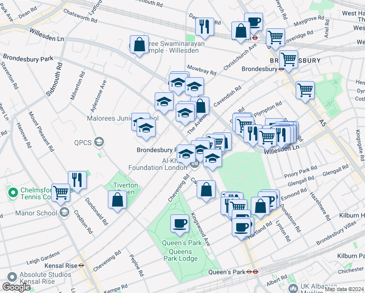 map of restaurants, bars, coffee shops, grocery stores, and more near 36 The Avenue in Greater London