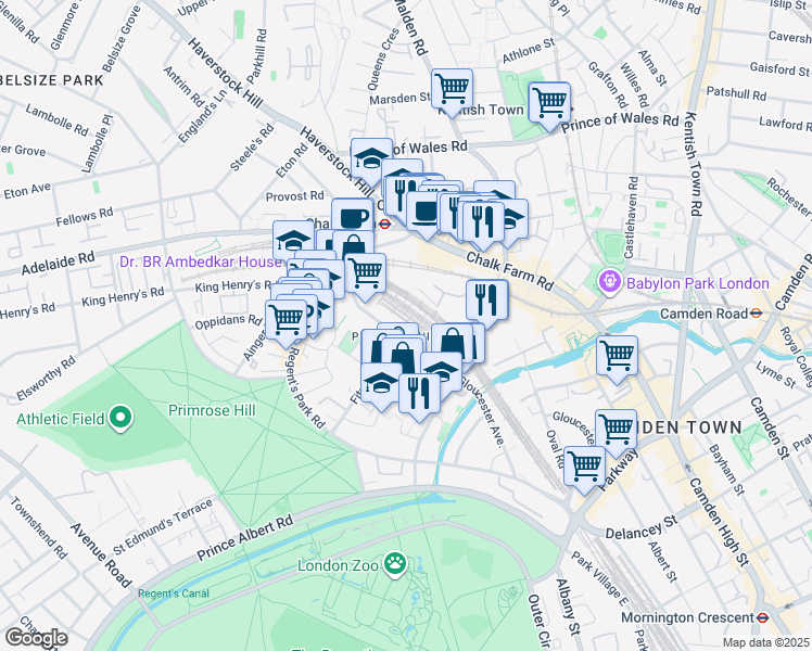 map of restaurants, bars, coffee shops, grocery stores, and more near Dumpton Place in Greater London