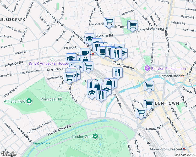 map of restaurants, bars, coffee shops, grocery stores, and more near Dumpton Place in Greater London