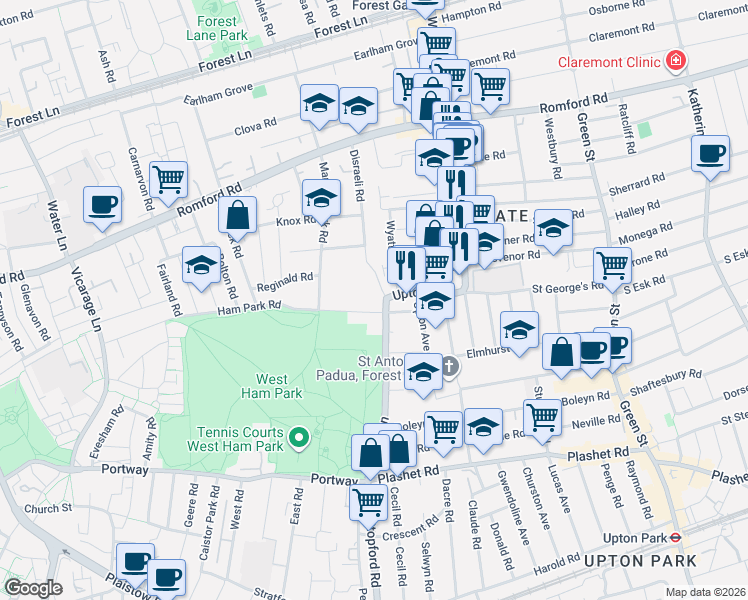 map of restaurants, bars, coffee shops, grocery stores, and more near in Greater London
