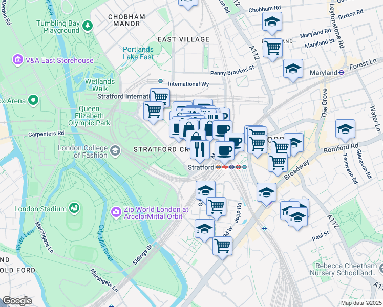 map of restaurants, bars, coffee shops, grocery stores, and more near 1 Cherry Park Lane in Greater London