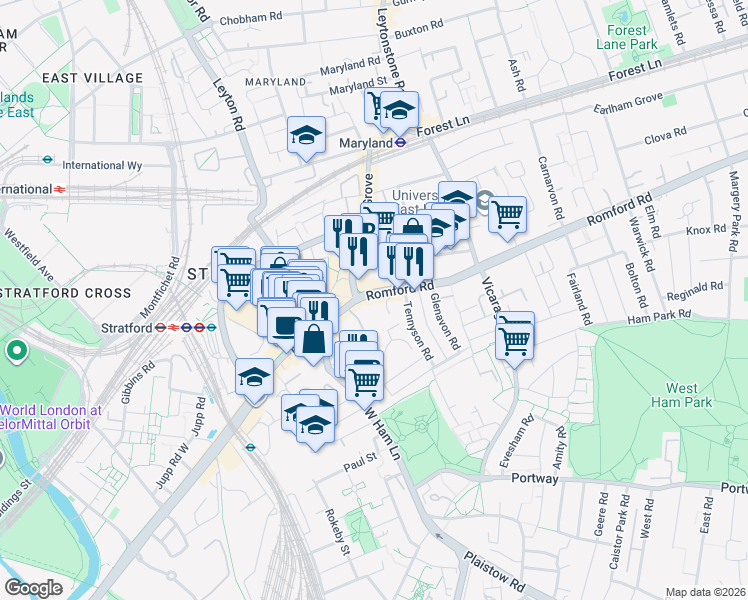 map of restaurants, bars, coffee shops, grocery stores, and more near 20 Romford Road in Greater London
