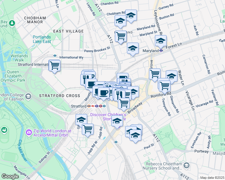 map of restaurants, bars, coffee shops, grocery stores, and more near in Greater London