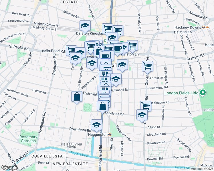 map of restaurants, bars, coffee shops, grocery stores, and more near Kingsland Road in Greater London