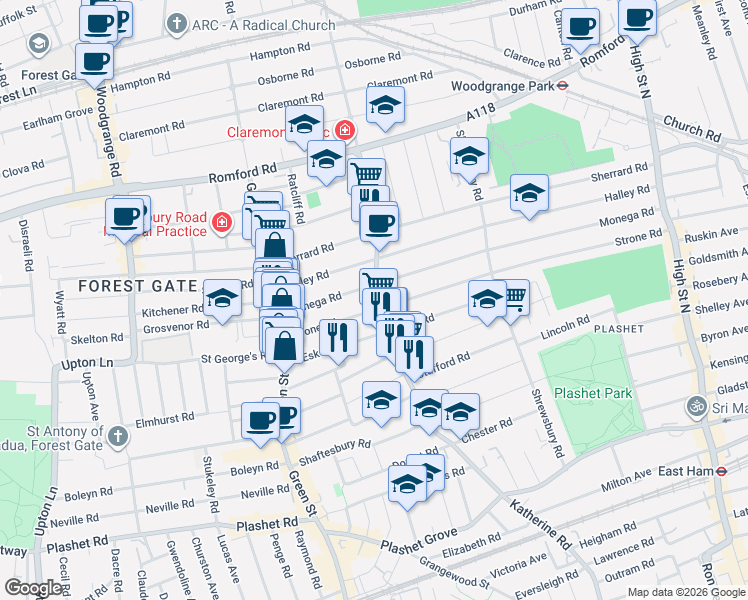 map of restaurants, bars, coffee shops, grocery stores, and more near Katherine Road in Greater London