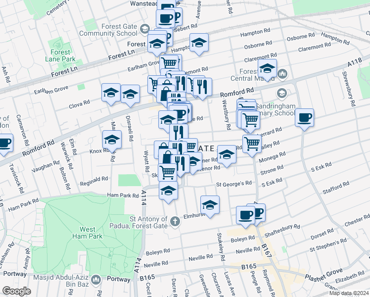 map of restaurants, bars, coffee shops, grocery stores, and more near in Greater London