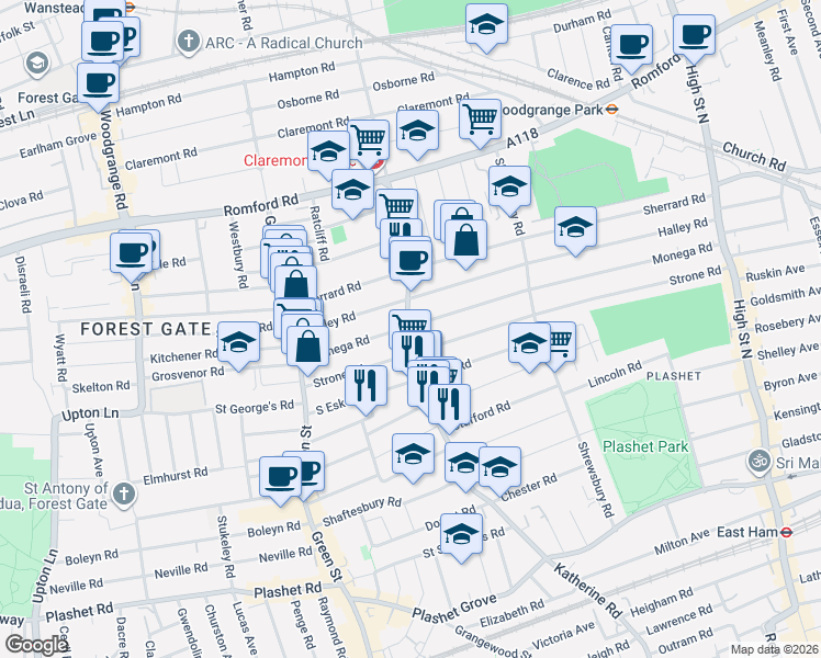 map of restaurants, bars, coffee shops, grocery stores, and more near in London