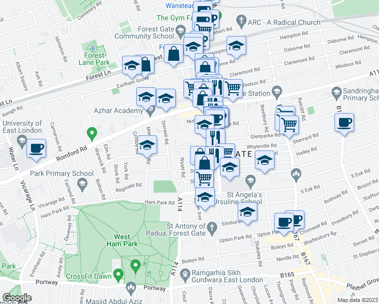 map of restaurants, bars, coffee shops, grocery stores, and more near 53 Chaucer Road in Greater London