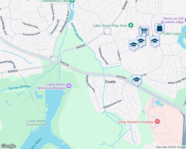 map of restaurants, bars, coffee shops, grocery stores, and more near Marlborough Road in Coate