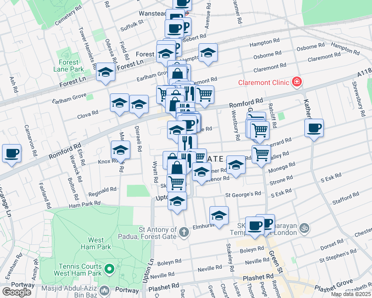 map of restaurants, bars, coffee shops, grocery stores, and more near 66 Upton Lane in Greater London