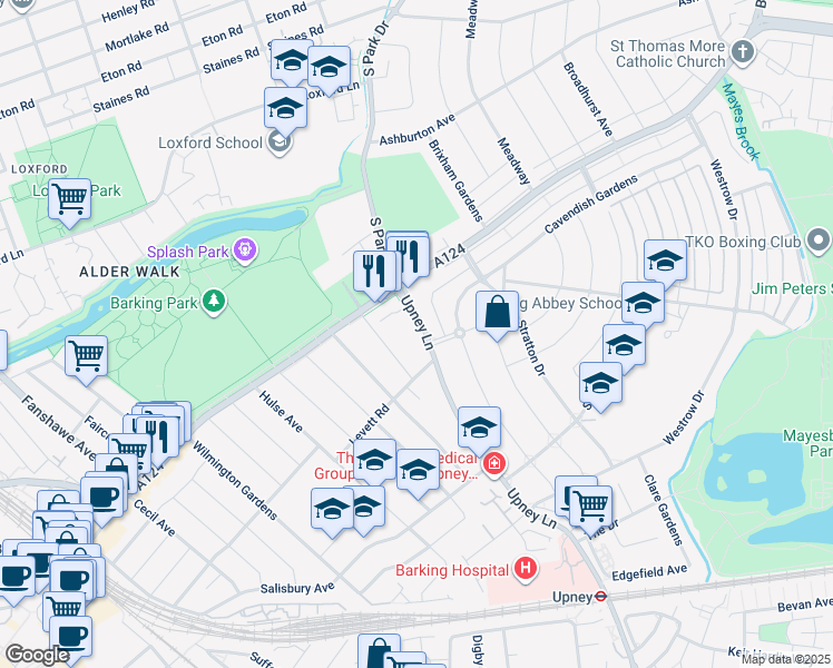 map of restaurants, bars, coffee shops, grocery stores, and more near Upney Lane in Greater London