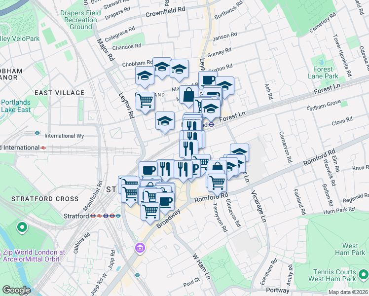 map of restaurants, bars, coffee shops, grocery stores, and more near 8 Grove Crescent Road in Greater London