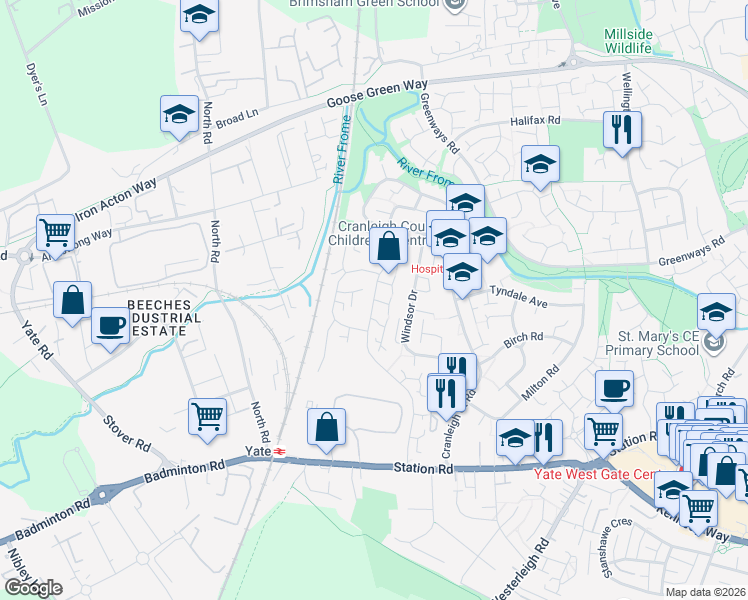 map of restaurants, bars, coffee shops, grocery stores, and more near Longs Drive in Yate