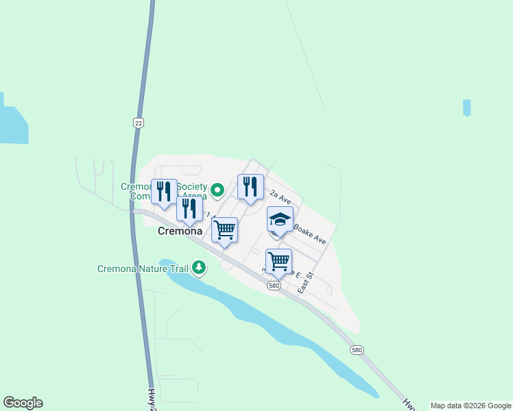 map of restaurants, bars, coffee shops, grocery stores, and more near 309 1 Street East in Cremona