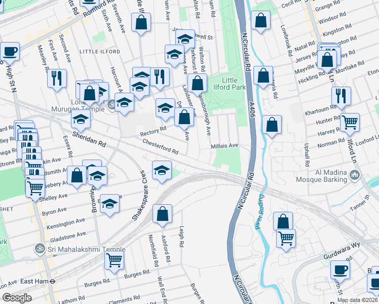 map of restaurants, bars, coffee shops, grocery stores, and more near 385A Dersingham Avenue in London