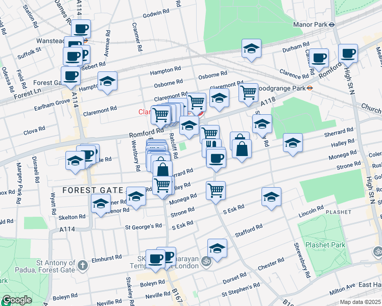 map of restaurants, bars, coffee shops, grocery stores, and more near 47 Henderson Road in Greater London