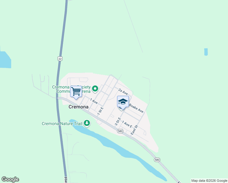 map of restaurants, bars, coffee shops, grocery stores, and more near 309 1 Street East in Cremona